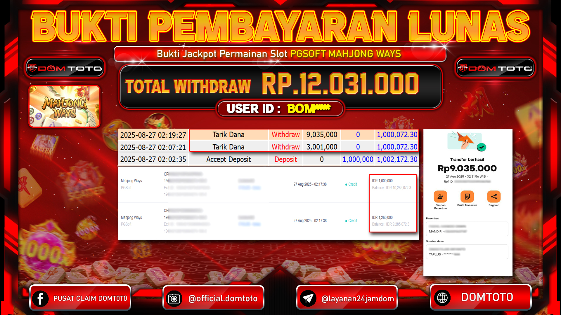JACKPOT SLOT MAHJONG WAYS PGSoft  27 AGUSTUS  2025